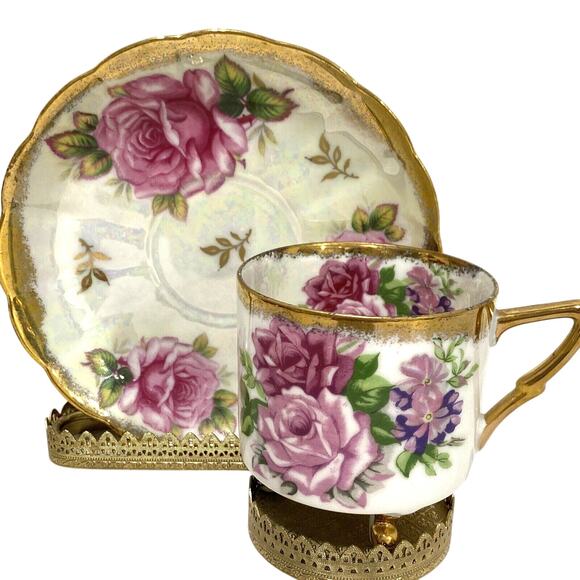 LM Royal Halsey Tea Cup & Saucer Set Iridescent Porcelain Pink Roses & Gold Trim - Picture 3 of 12
